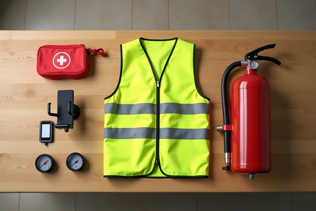 Vue de dessus des accessoires auto indispensables pour débuter en sécurité offerts en cadeau de permis de conduire