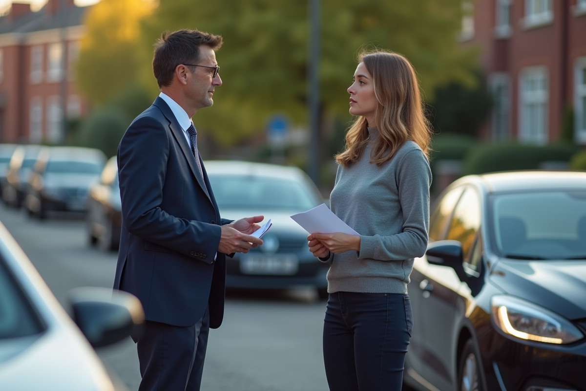 Homme d'affaires et jeune femme discutent après accident voiture