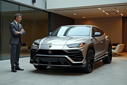 Homme en costume élégant observant une Lamborghini Urus dans un showroom de voitures de luxe, hésitant entre l'achat immédiat et l'attente d'un meilleur modèle