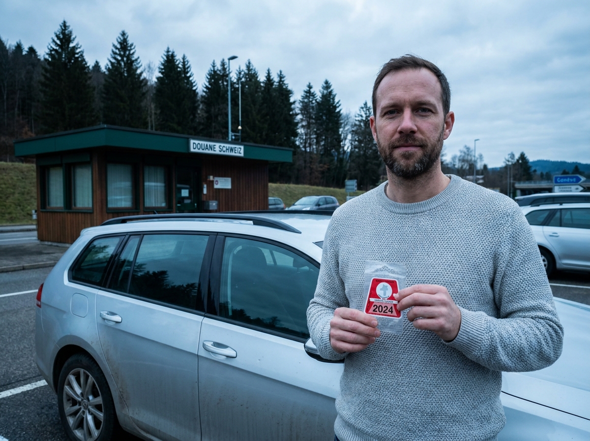 Homme tenant la vignette autoroutière suisse devant sa voiture à la frontière