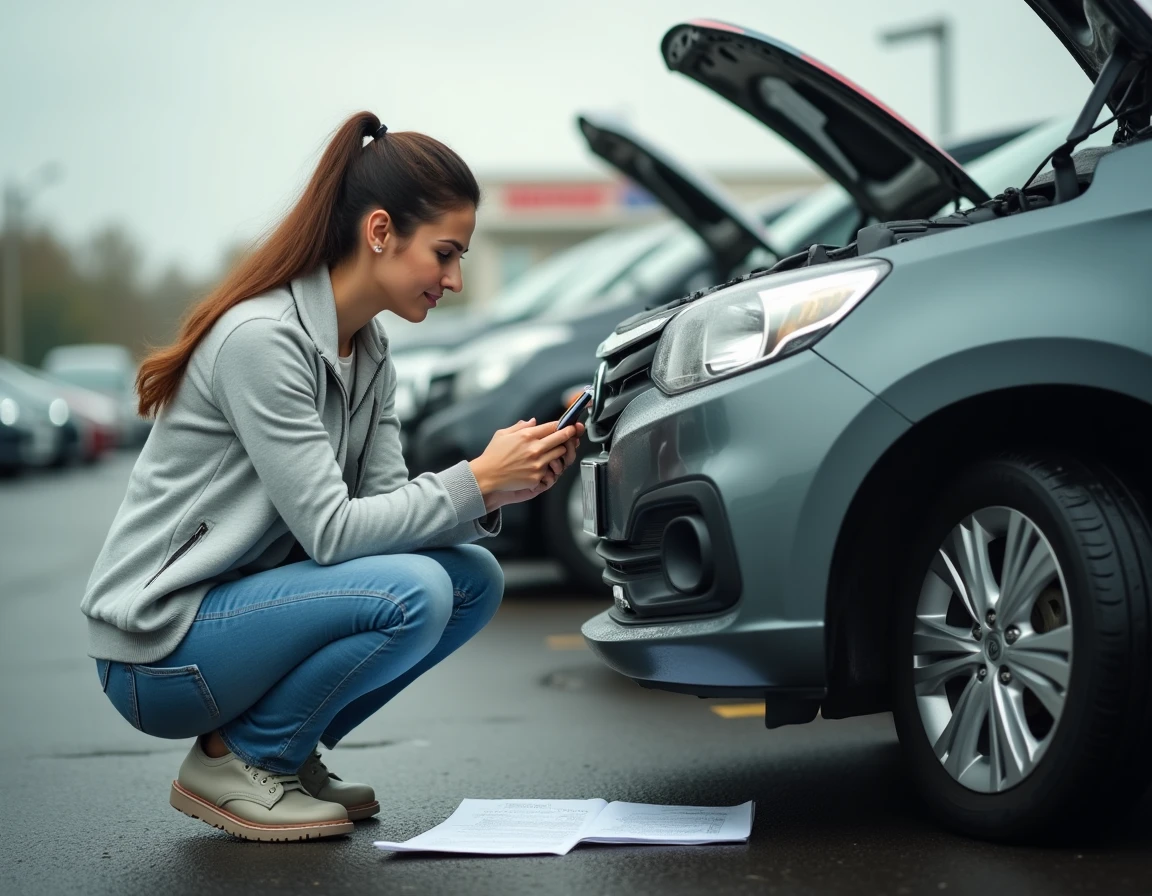 Acheteuse vérifiant la fiabilité d'un moteur TCe dans un garage de vente de voitures d'occasion