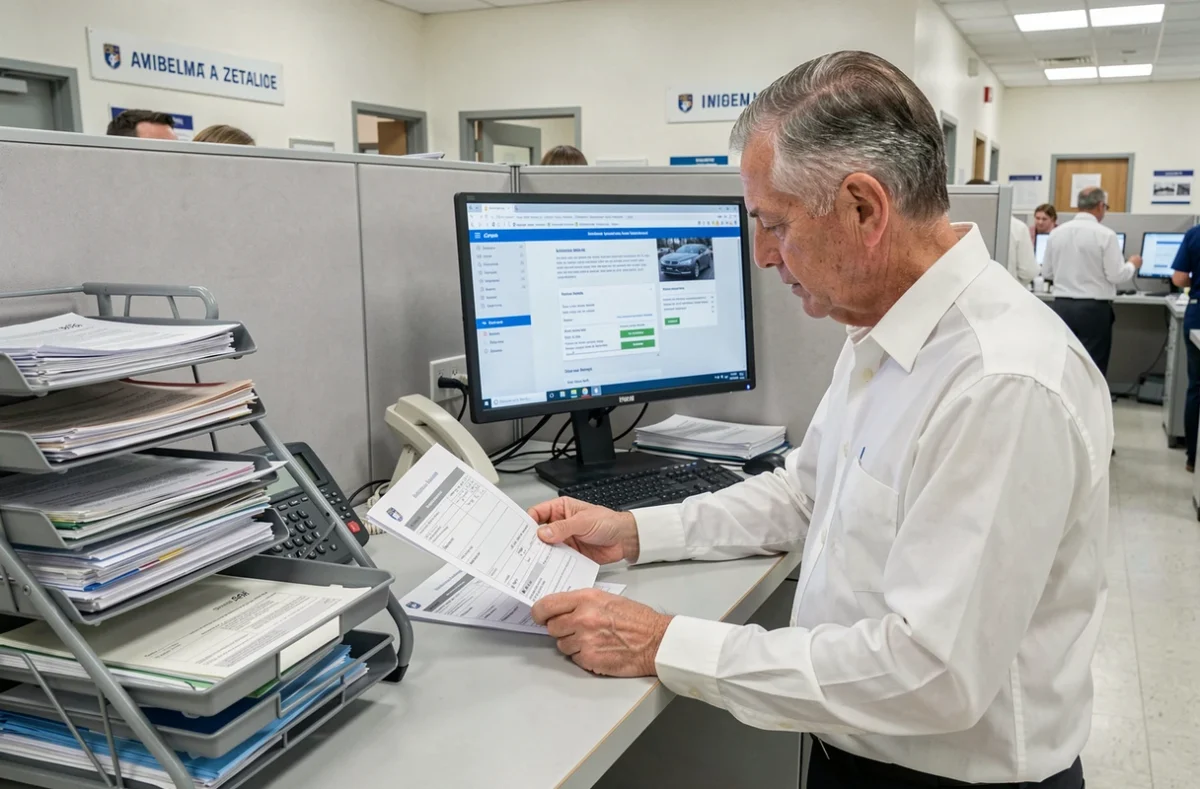 Agent administratif traitant des dossiers de carte grise dans un bureau de service public avec ordinateur et documents papier