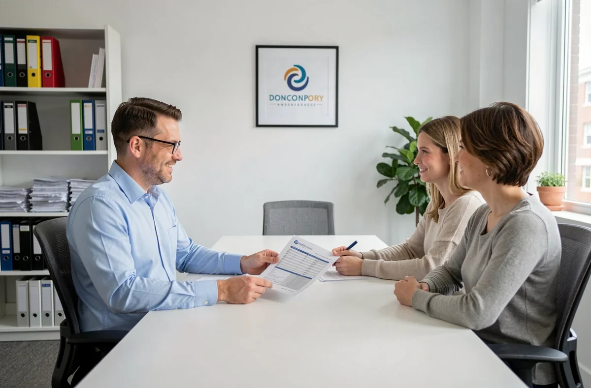 Agent d'assurance expliquant les garanties d'un contrat tous risques à un couple dans une agence moderne
