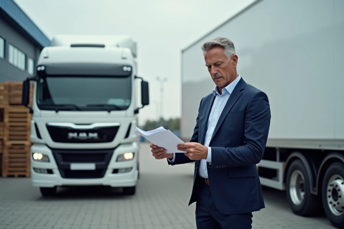 Agent d'assurance en costume près d'un camion blanc au dépôt