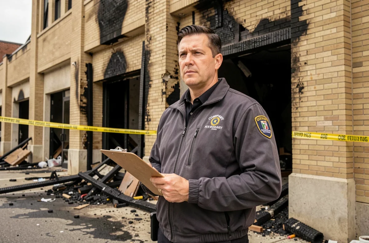 Agent de gardiennage devant un bâtiment sinistré sécurisé après incendie