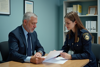 Homme en costume navy discute avec une policiere dans un commissariat