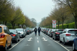 Aire de covoiturage de Chavagne avec voitures garées et signalisation des règles de stationnement