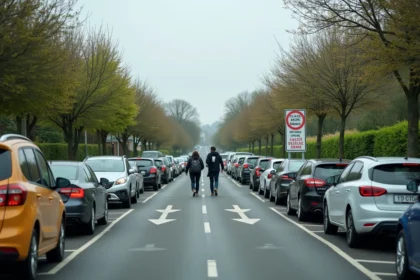 Aire de covoiturage de Chavagne avec voitures garées et signalisation des règles de stationnement