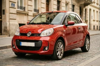 Aixam Coupé GTI rouge garé dans une rue urbaine européenne, vue de face en trois quarts