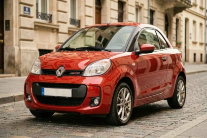 Aixam Coupé GTI rouge garé dans une rue urbaine européenne, vue de face en trois quarts