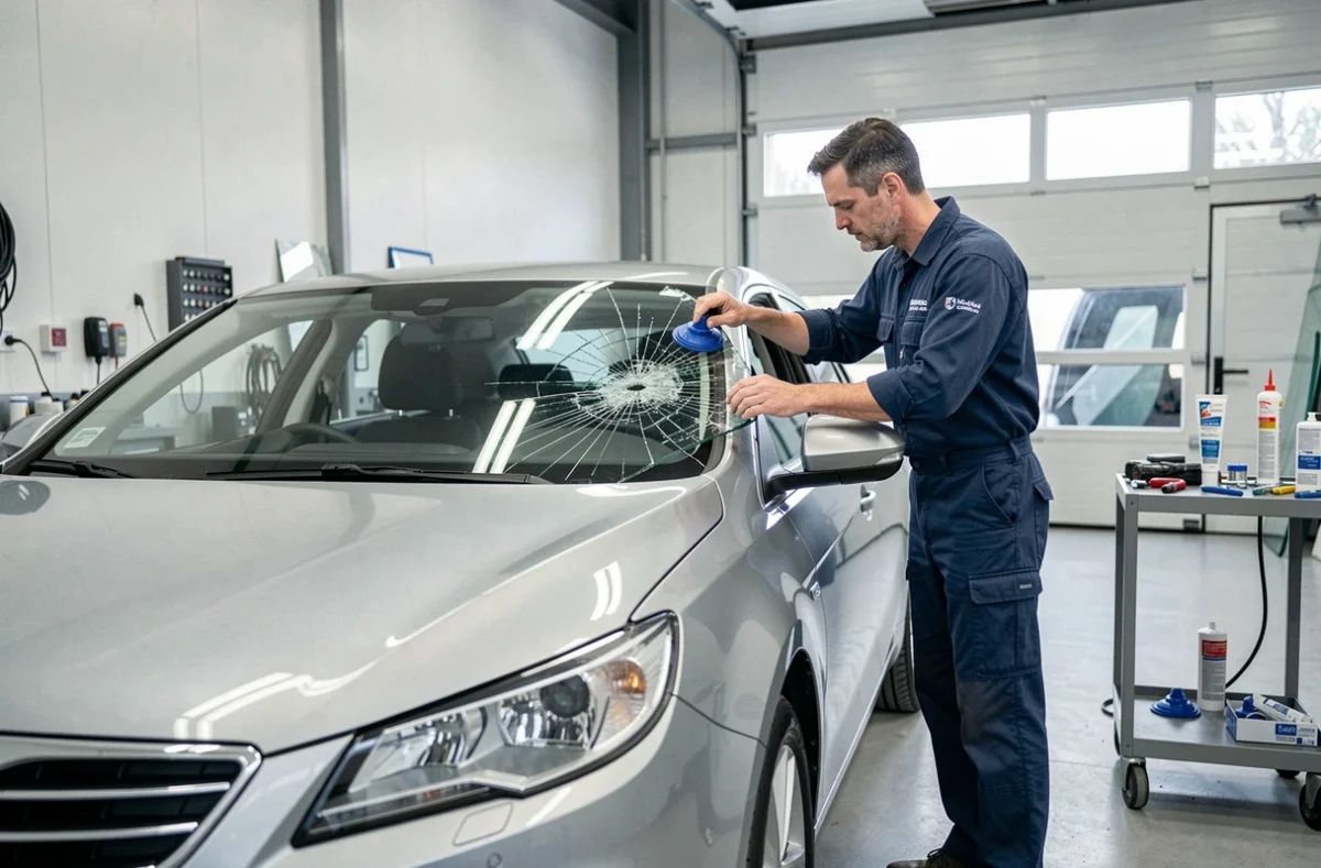 Technicien remplaçant un pare-brise fissuré dans l'atelier de vitrage A+Glass à Saint-Nazaire