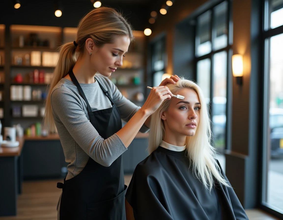 Coiffeuse professionnelle appliquant une coloration covering blanc sur les racines d'une cliente en salon de coiffure