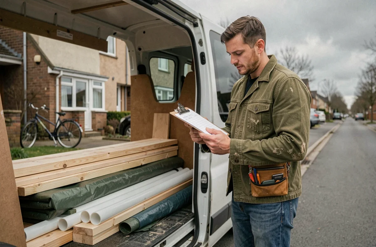 Artisan consultant une liste de chargement devant la porte latérale ouverte d'un Renault Trafic L1H1 avec du matériel de chantier