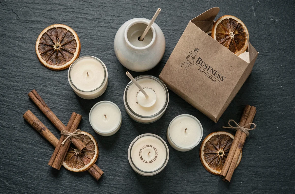 Assortiment de produits parfumés personnalisables pour entreprise présentés en flat lay sur ardoise, idée cadeau client