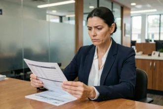 Femme conseillère bancaire examenant un contrat d'assurance auto avec un client dans une agence moderne