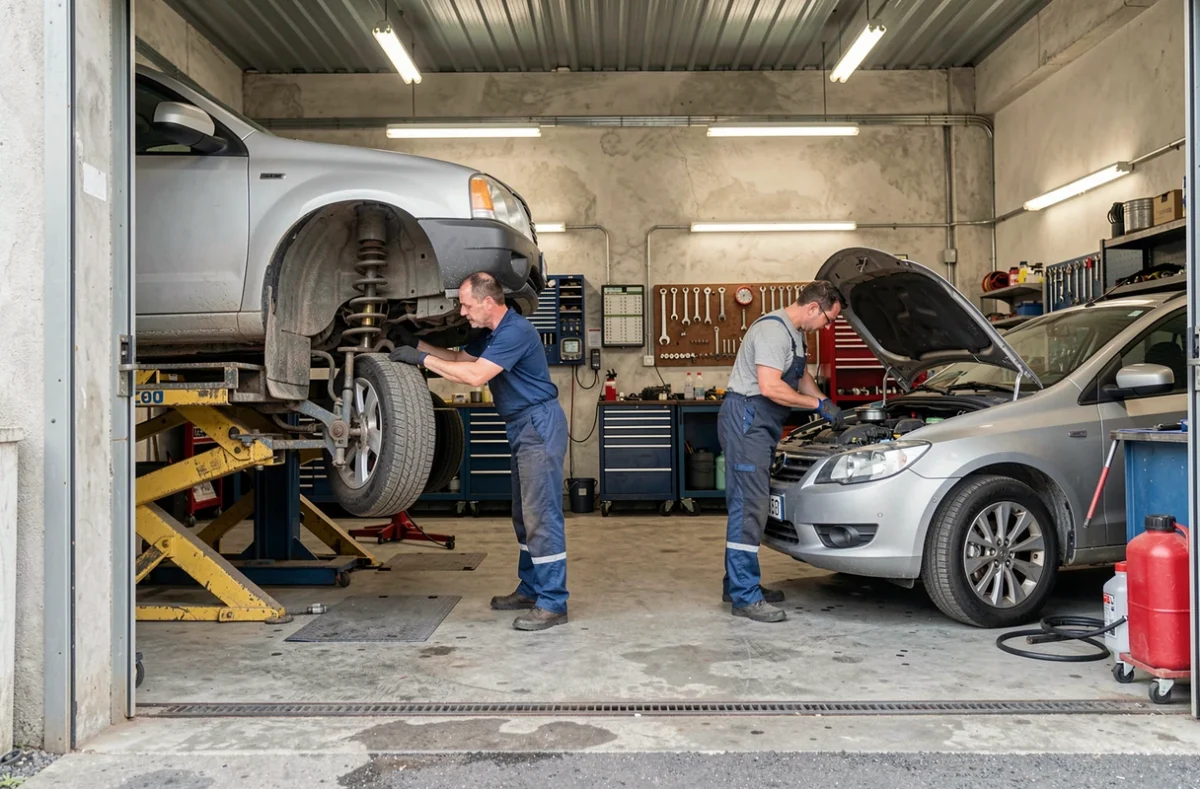 Deux mécaniciens travaillant simultanément sur différents véhicules dans l'atelier polyvalent A T Garage