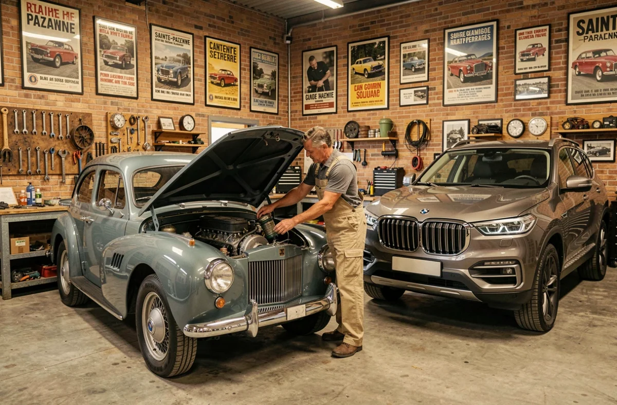 Spécialiste inspectant le moteur d'un véhicule ancien aux côtés d'une voiture moderne dans l'atelier Classiques et Modernes à Sainte-Pazanne
