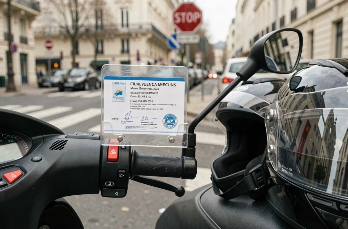 Attestation d'assurance scooter obligatoire affichée sur le guidon d'un deux-roues en ville