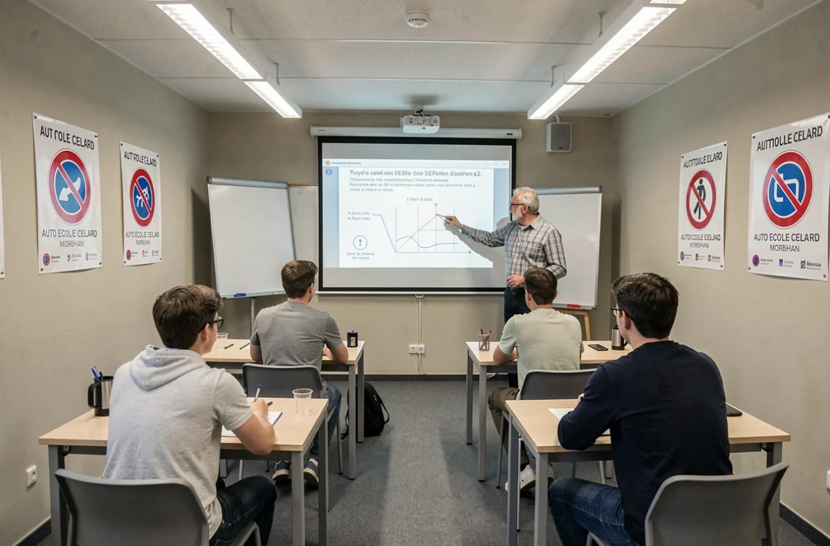 Cours de code de la route en salle pour les élèves de l'Auto École CELARD dans le Morbihan