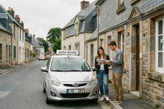 Scène de rue devant une auto-école dans le Morbihan avec un véhicule dual-contrôle et des élèves conducteurs