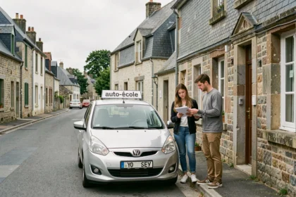 Scène de rue devant une auto-école dans le Morbihan avec un véhicule dual-contrôle et des élèves conducteurs