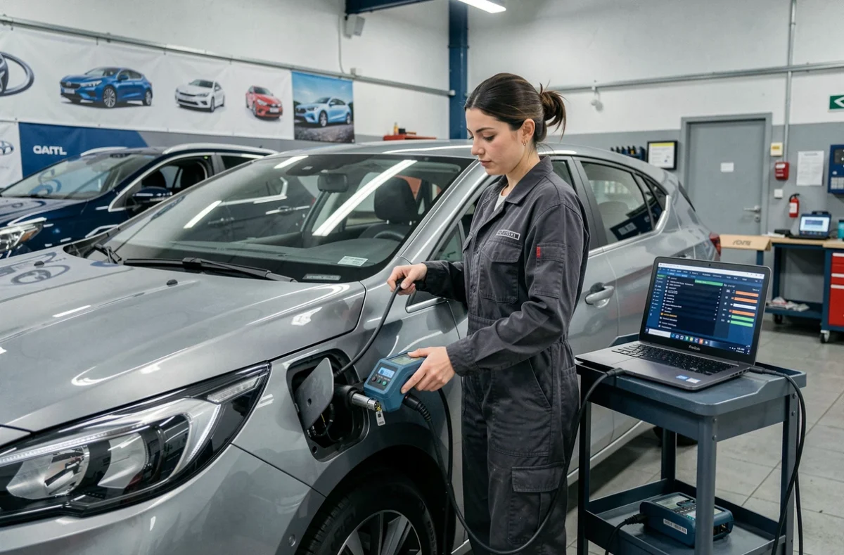 Mécanicienne effectuant un diagnostic électronique sur un véhicule multimarque chez Auto TG