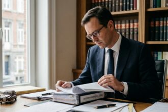 Avocat spécialisé en droit routier consultant un dossier juridique dans son cabinet à Liège