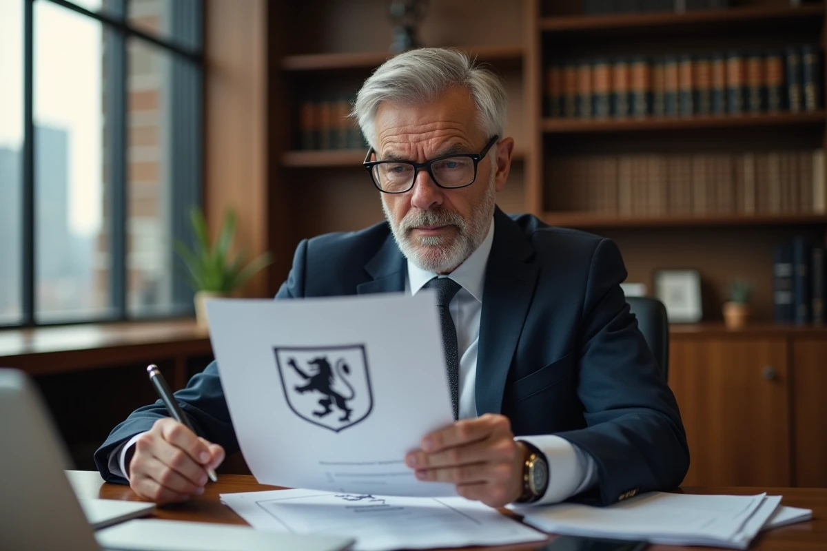 Avocat spécialisé en propriété intellectuelle examinant des documents de dépôt de marque pour un logo automobile de lion