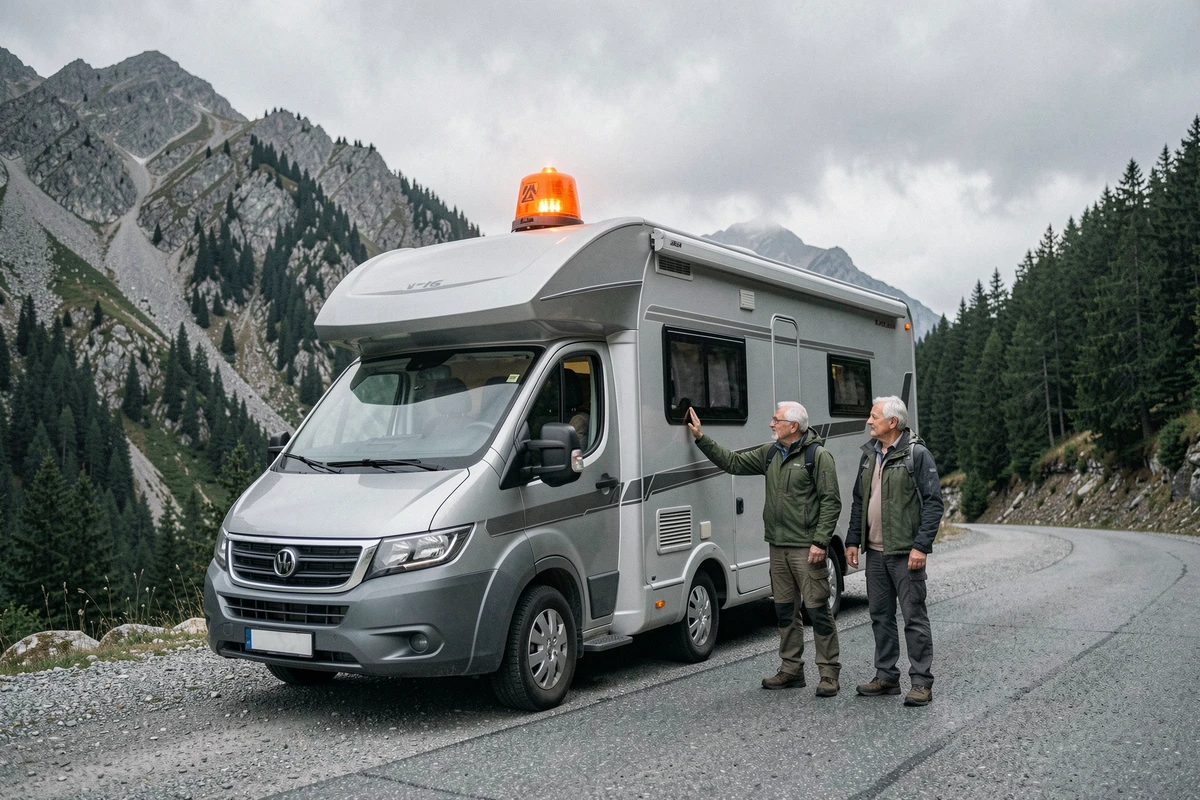 Balise lumineuse V-16 sur le toit d'un camping-car en panne sur une route de montagne avec un couple examinant le véhicule
