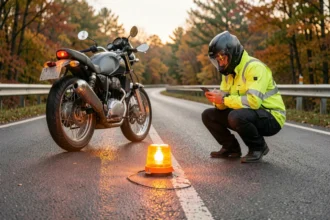 Balise lumineuse V-16 homologuée posée sur la route à côté d'une moto en panne sur une route de campagne, avec un motard en veste jaune haute visibilité