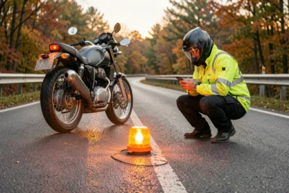 Balise lumineuse V-16 homologuée posée sur la route à côté d'une moto en panne sur une route de campagne, avec un motard en veste jaune haute visibilité