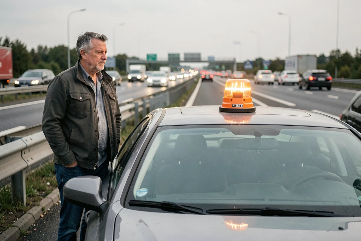 Balise d'urgence V-16 fixée sur le toit d'une voiture garée sur la bande d'arrêt d'urgence d'une autoroute avec son conducteur derrière la glissière de sécurité