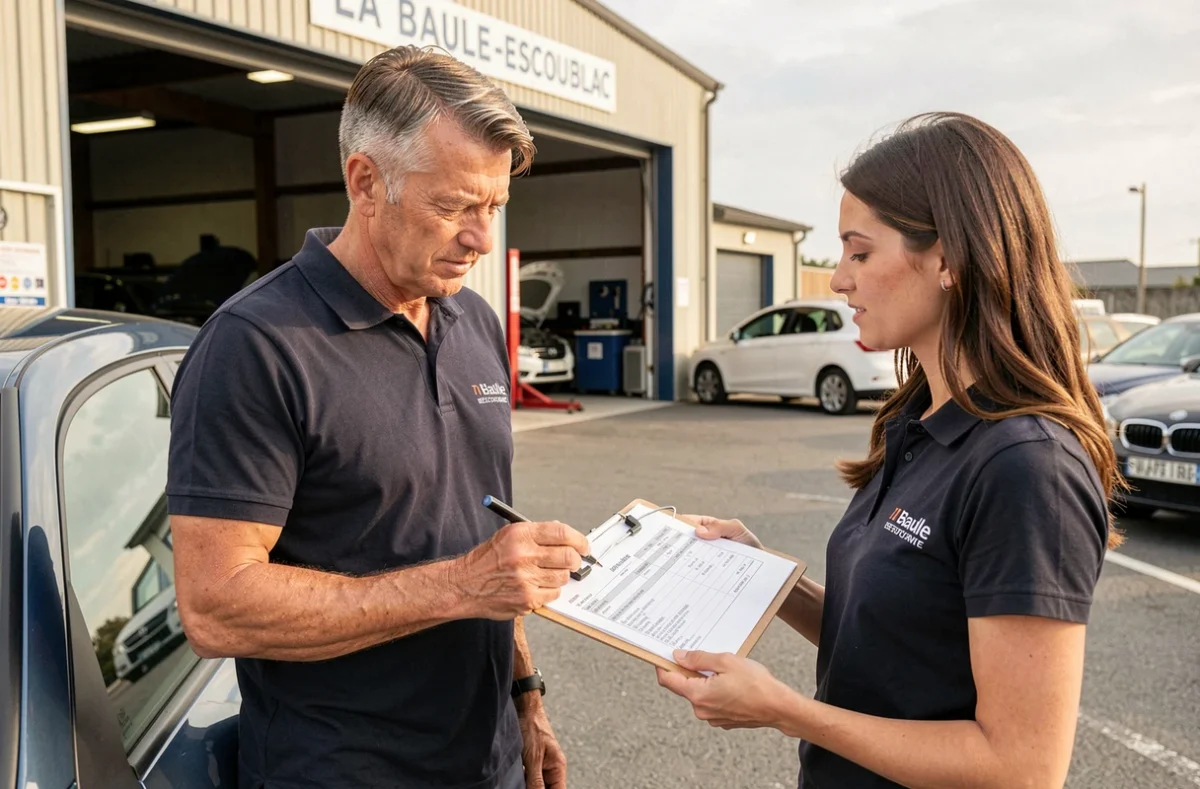 Conseiller service présentant un devis à une cliente dans le garage multiservice BP Autos à La Baule-Escoublac
