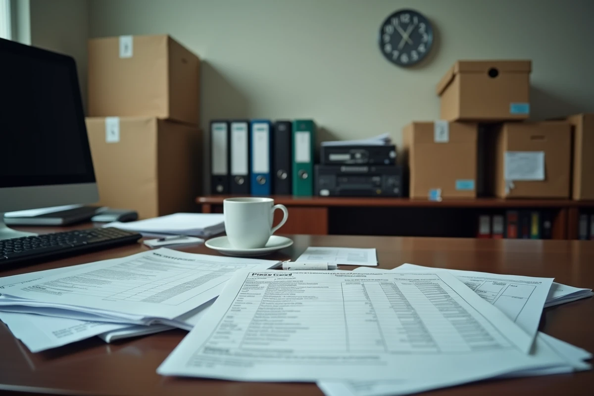 Bureau administratif d'un garage automobile en cours de liquidation avec paperasses, cartons de déménagement et écran éteint sur un bureau encombré