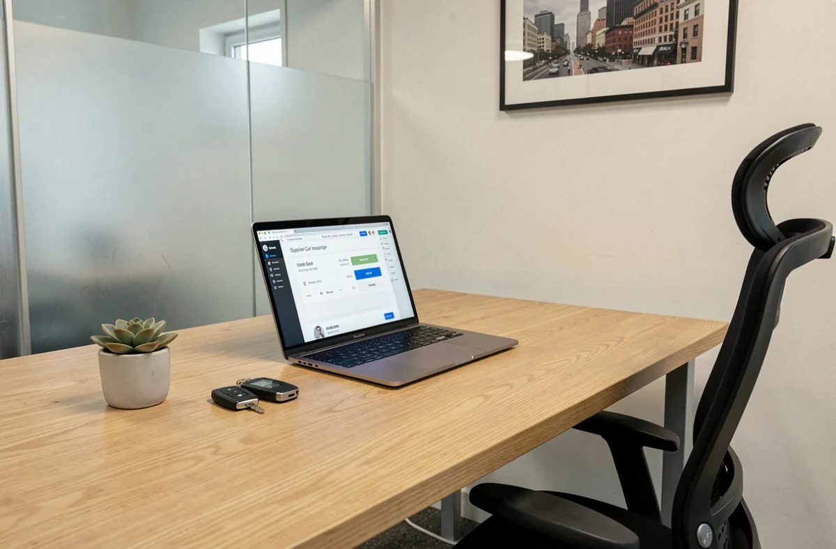 Bureau avec ordinateur affichant un devis d'assurance auto en ligne et clé de voiture posée sur la table