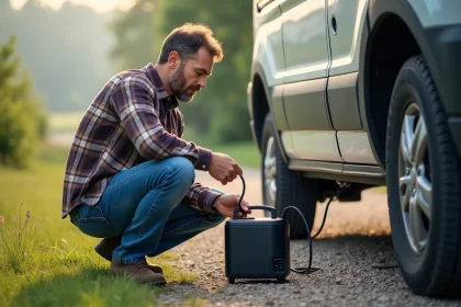 Homme connecté à un convertisseur 12V à 220V en camping
