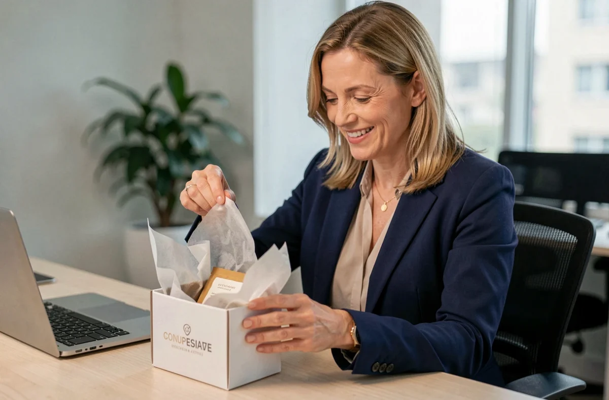 Femme d'affaires découvrant un cadeau client personnalisé sous forme de sachet parfumé dans un bureau moderne