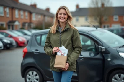 Jeune femme tenant un cadeau permis de conduire avec accessoires auto essentiels devant une voiture