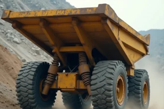 Camion-benne équipé d'un système Airlinker sur terrain de carrière en conditions extrêmes
