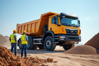 Camion benne de chantier déchargeant gravier en plein jour