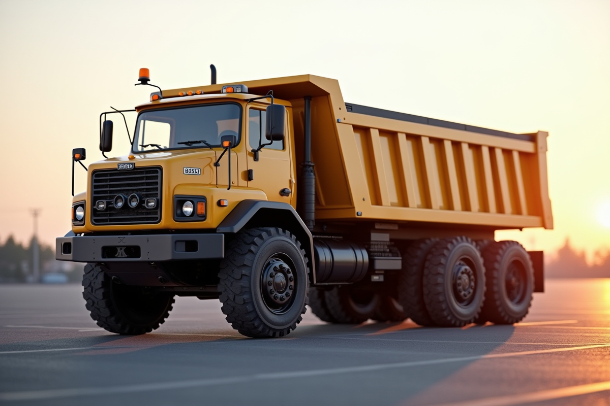 Camion benne stationne en environnement propre au lever du soleil