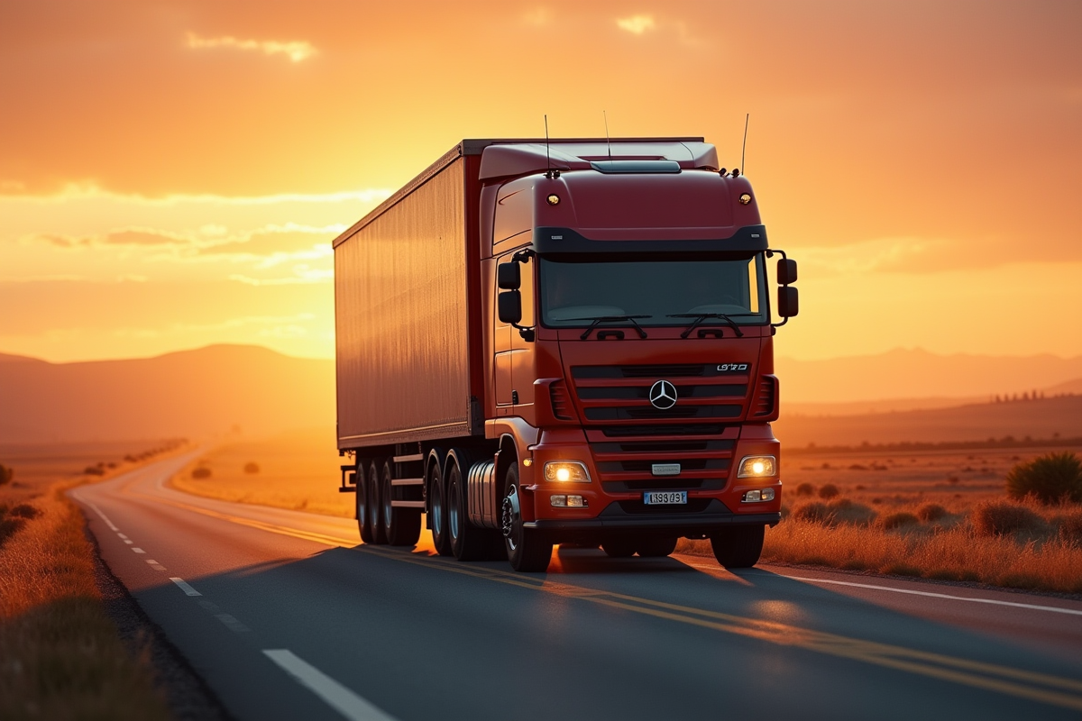 Camion robuste d occasion roulant au lever du soleil dans un paysage