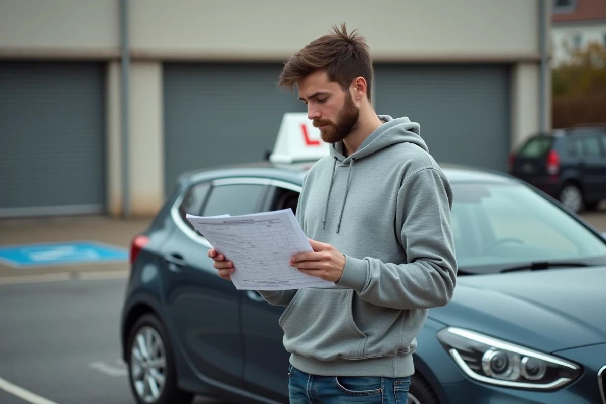 Candidat au permis de conduire consultant sa grille d'évaluation dans un parking d'auto-école