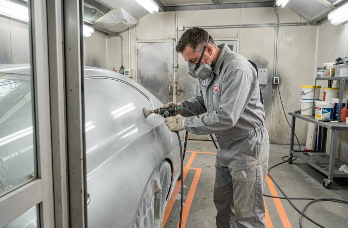 Carrossier en combinaison de peinture appliquant une teinte sur une carrosserie dans l'atelier de Carrosserie Diffus Auto