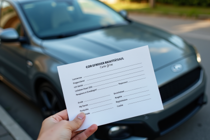 Personne tenant une carte grise à côté d'une voiture moderne