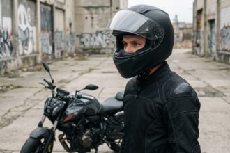 Motard portant un casque intégral matte noir devant une moto sportive en milieu urbain