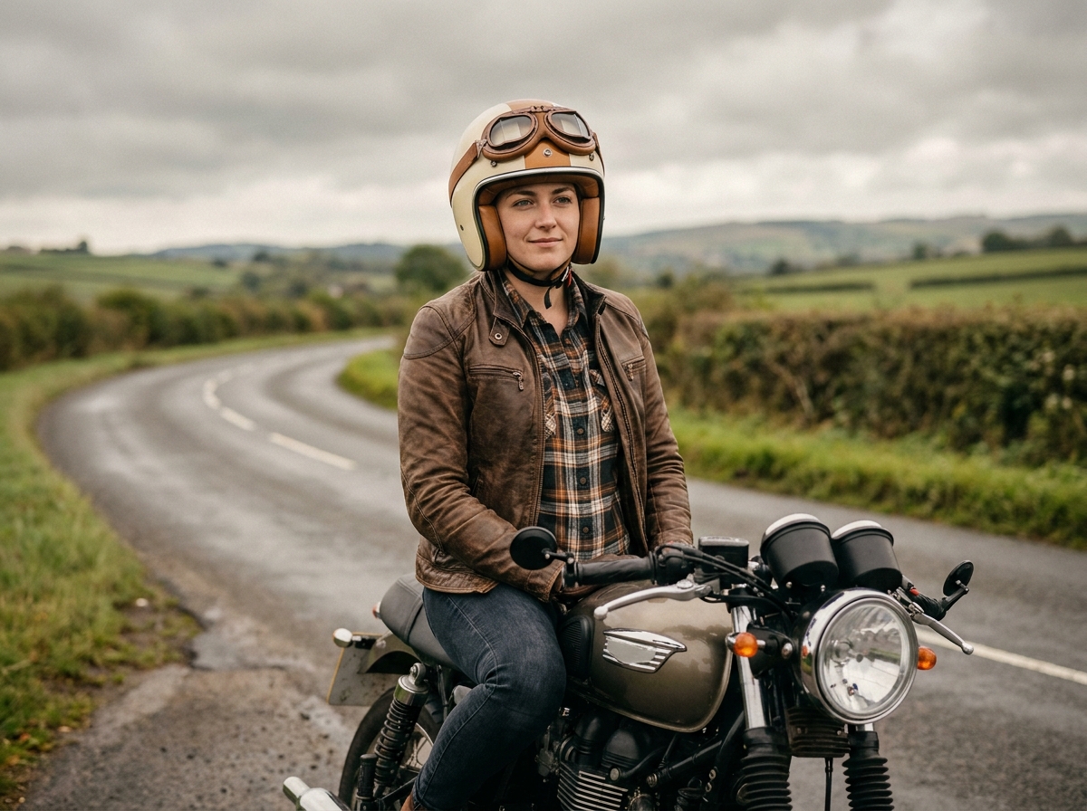 Femme motarde avec casque jet vintage sur une route de campagne à bord d'un café racer