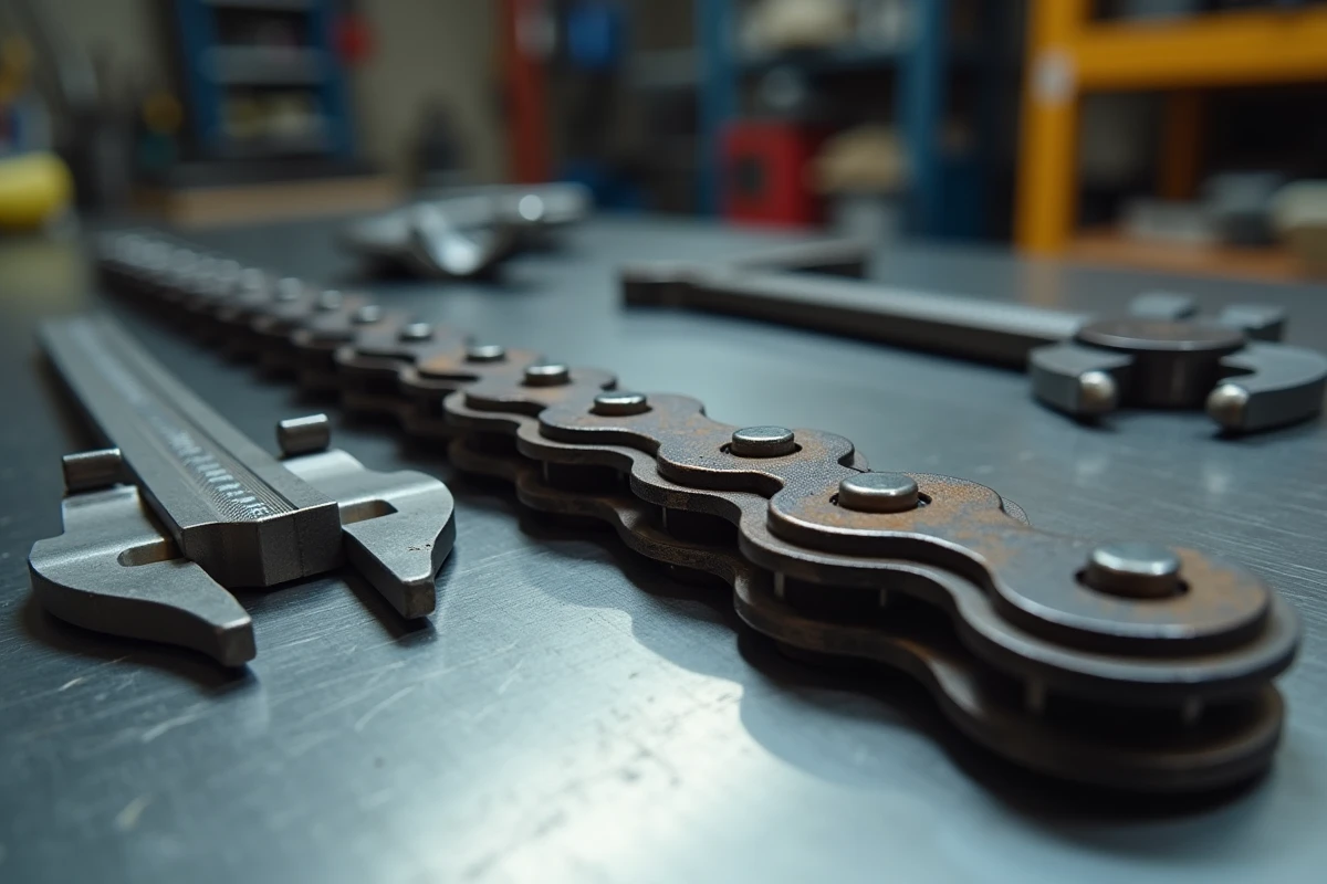 Gros plan sur une chaîne de distribution BMW usée posée sur un établi avec des outils de mesure