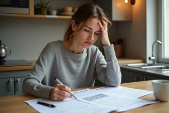 Femme consultant ses documents d'assurance auto à la maison avant de changer d'assureur