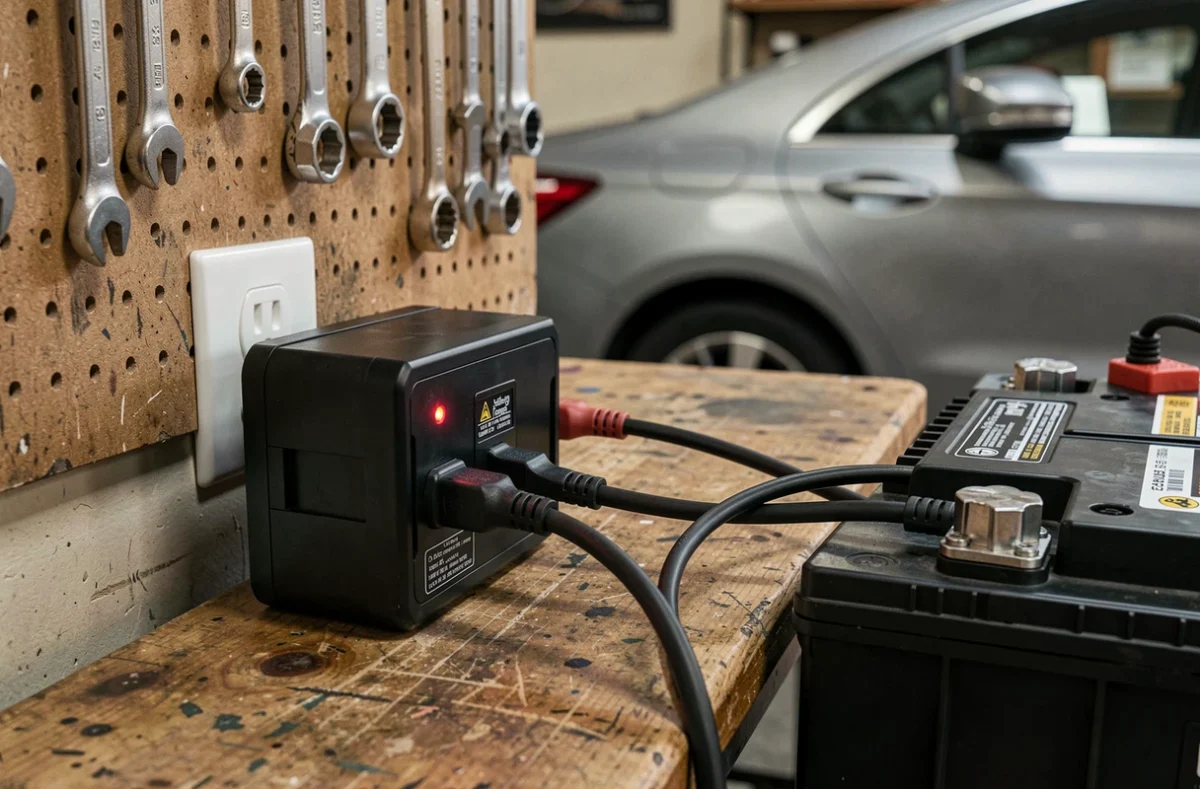 Chargeur de maintien branché sur une batterie automobile posée sur un établi d'atelier avec indicateur LED